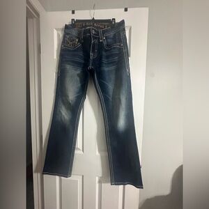 Rock Revival Men’s Dark Blue Bootcut Jeans with Contrast Stitching